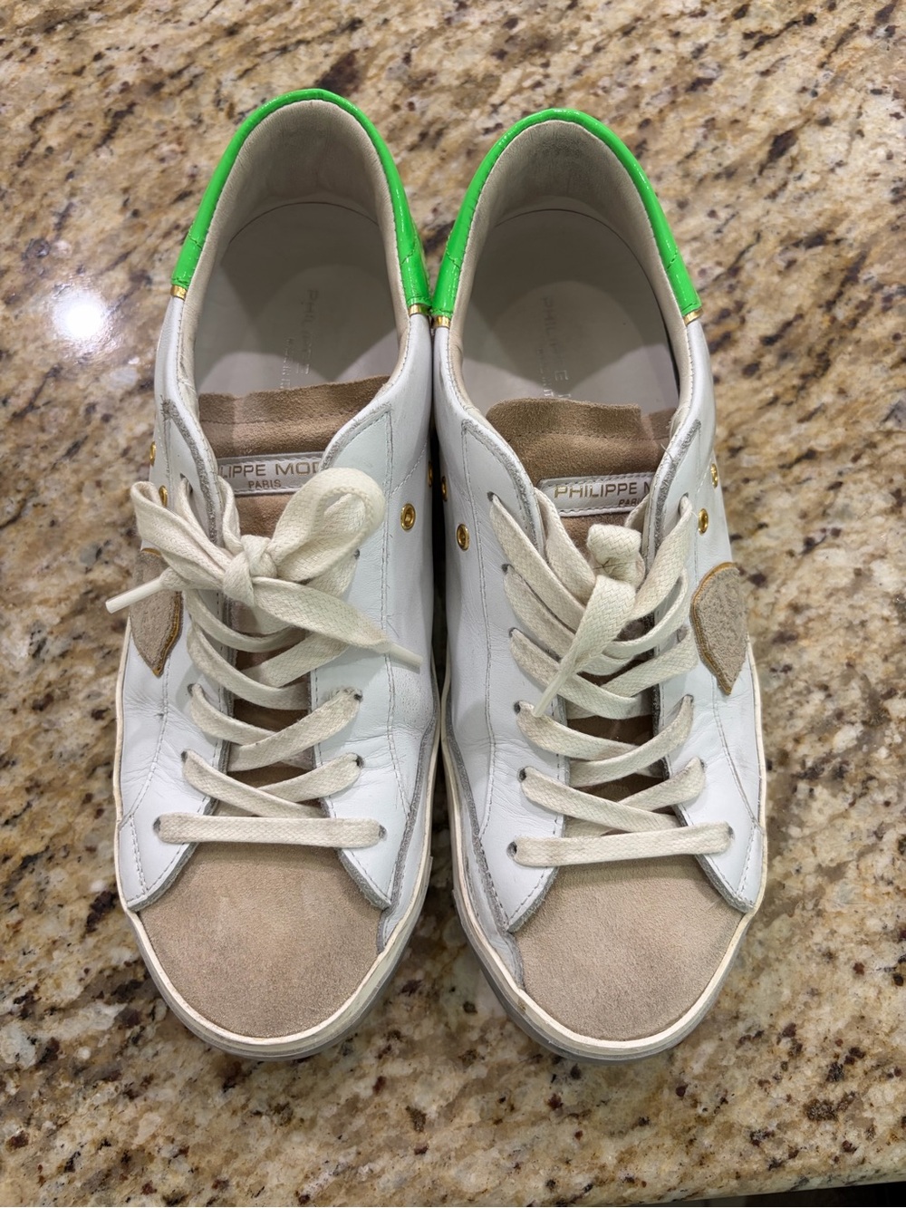 Philippe Model Paris Distressed Sneakers – White, Neon Green & Leopard – EU 39